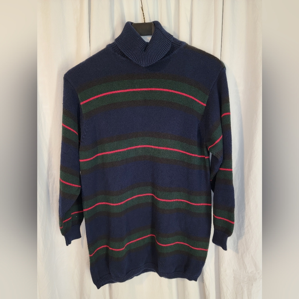 Talbots Classic Blue, Green, Red & Black Stripe Turtleneck Sweater